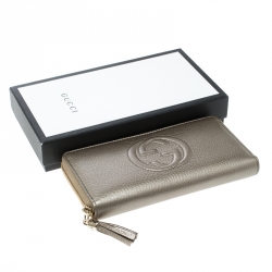 Gucci Metallic Beige Leather Soho Zip Around Wallet