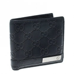 Gucci Dark Blue Guccissima Leather Metal Bar Bifold Wallet