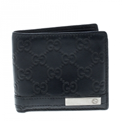 Gucci Dark Blue Guccissima Leather Metal Bar Bifold Wallet