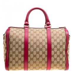 Pre Owned Gucci Beige/Fuchsia GG Canvas and Leather Boston Bag