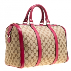 Pre Owned Gucci Beige/Fuchsia GG Canvas and Leather Boston Bag