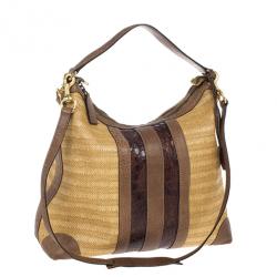 Pre Owned Gucci Straw And Crocodile Secret Medium Hobo