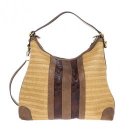 Pre Owned Gucci Straw And Crocodile Secret Medium Hobo