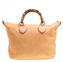 Pre Owned Gucci Beige Leather Bamboo Top Handle Bag