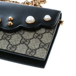 Pre Owned Gucci Beige/Black GG Supreme Canvas and Leather Pearl Peony Wallet On Chain