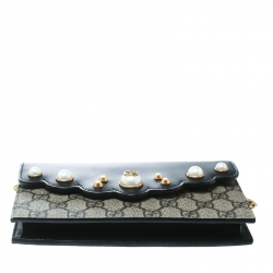 Pre Owned Gucci Beige/Black GG Supreme Canvas and Leather Pearl Peony Wallet On Chain