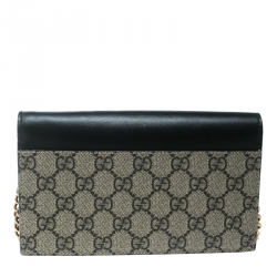 Pre Owned Gucci Beige/Black GG Supreme Canvas and Leather Pearl Peony Wallet On Chain
