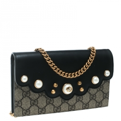 Pre Owned Gucci Beige/Black GG Supreme Canvas and Leather Pearl Peony Wallet On Chain