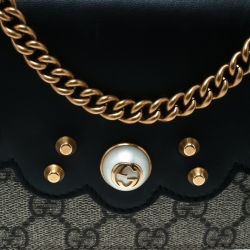Pre Owned Gucci Beige/Black GG Supreme Canvas and Leather Pearl Peony Wallet On Chain