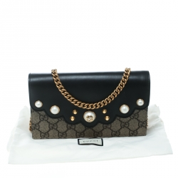 Pre Owned Gucci Beige/Black GG Supreme Canvas and Leather Pearl Peony Wallet On Chain
