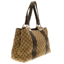 Pre Owned Gucci Bamboo Bar Medium Canvas Tote 