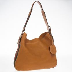 Pre Owned Gucci Brown Leather Gucci Heritage Web Striped Hobo