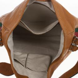 Pre Owned Gucci Brown Leather Gucci Heritage Web Striped Hobo