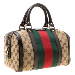 مملوكة مسبقًا Gucci Dark Brown/Beige GG Canvas Small Web Boston Bag