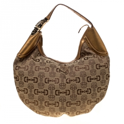 Gucci Monog Horsebit Hobo Shoulder Handbag Brown Canvas XL Gold