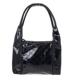 Pre Owned Gucci Black Patent GG Monogram Medium Hobo