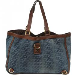 Pre Owned Gucci Blue/Brown Logo Denim and Leather Large Abbey Tote