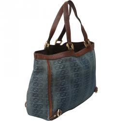 Pre Owned Gucci Blue/Brown Logo Denim and Leather Large Abbey Tote