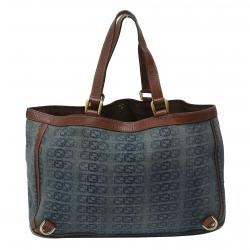 Pre Owned Gucci Blue/Brown Logo Denim and Leather Large Abbey Tote