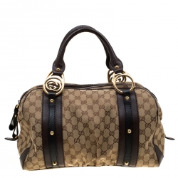 Pre Owned Gucci Beige/Brown GG Canvas and Leather Interlocking Boston Bag