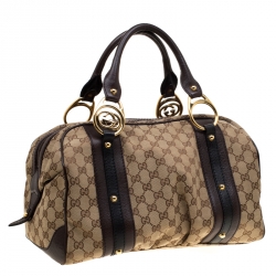 Pre Owned Gucci Beige/Brown GG Canvas and Leather Interlocking Boston Bag