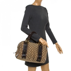 Pre Owned Gucci Beige/Brown GG Canvas and Leather Interlocking Boston Bag