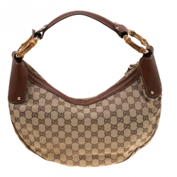 Pre Owned حقيبة غوتشي كانفاس GG سوداء متوسطة حلقات بامبو