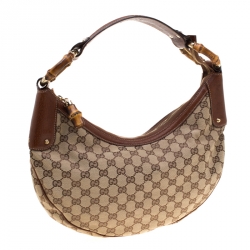 Pre Owned حقيبة غوتشي كانفاس GG سوداء متوسطة حلقات بامبو