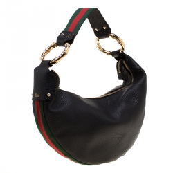 مملوكة مسبقًا Gucci Black Leather Medium Web Bamboo Ring Hobo