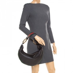 مملوكة مسبقًا Gucci Black Leather Medium Web Bamboo Ring Hobo