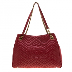 Pre Owned Gucci Red Matelassé Leather Medium GG Marmont Tote