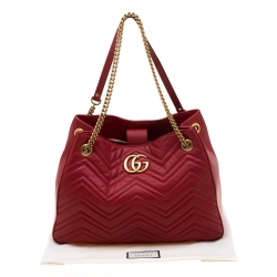 Pre Owned Gucci Red Matelassé Leather Medium GG Marmont Tote