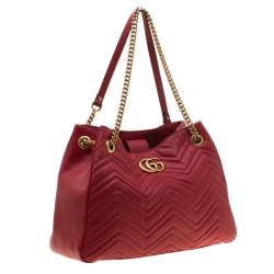 Pre Owned Gucci Red Matelassé Leather Medium GG Marmont Tote
