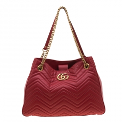 Pre Owned Gucci Red Matelassé Leather Medium GG Marmont Tote