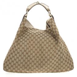 مملوكة مسبقًا Gucci Beige/Ebony GG Canvas Horsebit Medium Hobo Bag