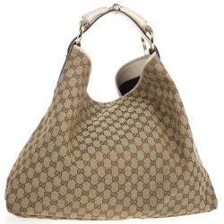 مملوكة مسبقًا Gucci Beige/Ebony GG Canvas Horsebit Medium Hobo Bag