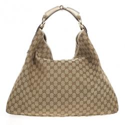مملوكة مسبقًا Gucci Beige/Ebony GG Canvas Horsebit Medium Hobo Bag