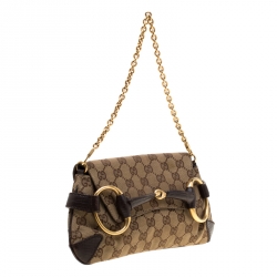 Pre Owned Gucci Brown Canvas and Leather Horsebit Shoulder Bag
