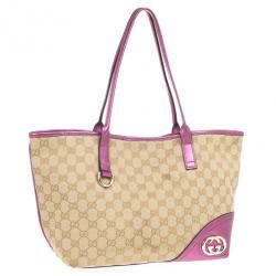 Pre Owned Gucci Beige and Ebony GG Canvas Britt Medium With Magenta Trim