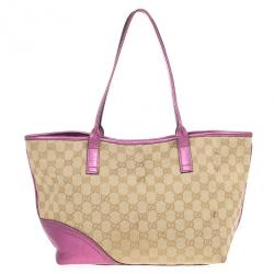 Pre Owned Gucci Beige and Ebony GG Canvas Britt Medium With Magenta Trim