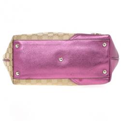 Pre Owned Gucci Beige and Ebony GG Canvas Britt Medium With Magenta Trim