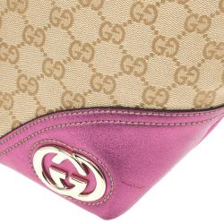 Pre Owned Gucci Beige and Ebony GG Canvas Britt Medium With Magenta Trim