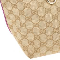 Pre Owned Gucci Beige and Ebony GG Canvas Britt Medium With Magenta Trim
