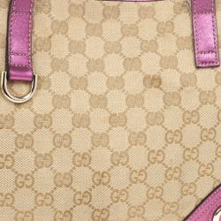 Pre Owned Gucci Beige and Ebony GG Canvas Britt Medium With Magenta Trim