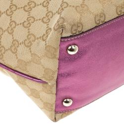 Pre Owned Gucci Beige and Ebony GG Canvas Britt Medium With Magenta Trim