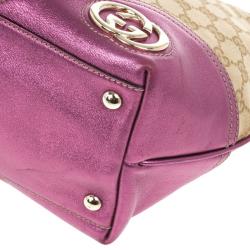 Pre Owned Gucci Beige and Ebony GG Canvas Britt Medium With Magenta Trim