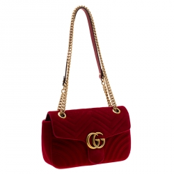 Pre Owned Gucci Red Matelasse Velvet Mini GG Marmont Shoulder Bag