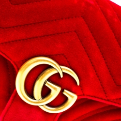 Pre Owned Gucci Red Matelasse Velvet Mini GG Marmont Shoulder Bag