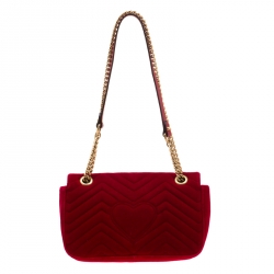 Pre Owned Gucci Red Matelasse Velvet Mini GG Marmont Shoulder Bag