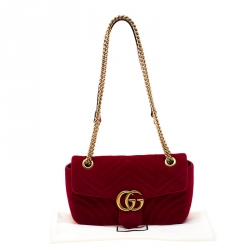 Pre Owned Gucci Red Matelasse Velvet Mini GG Marmont Shoulder Bag